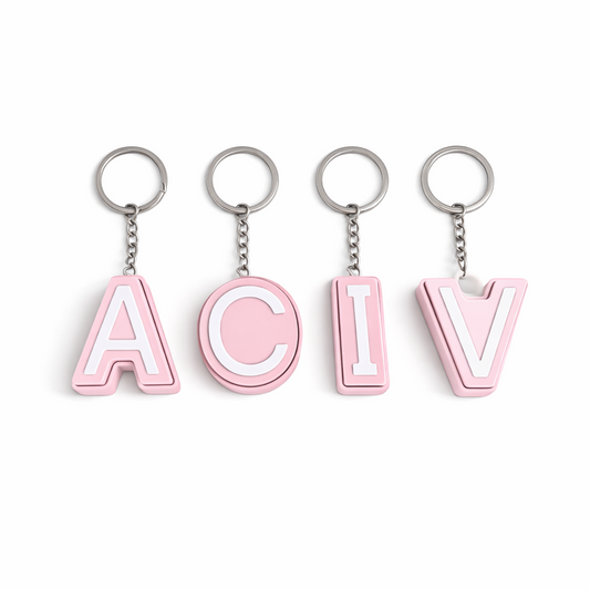 Initial clicker keychain close up showing letter detail — Australian personalised gift - Pink