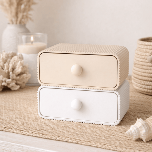 Ribbed drawer set styled on side table — modern Australian home organiser