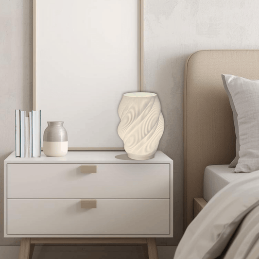 Swirl lamp lit up on shelf — shatterproof aesthetic Australian home lighting