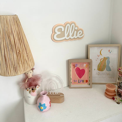 Custom name plate 3d printed Ellie styled in kids bedroom 