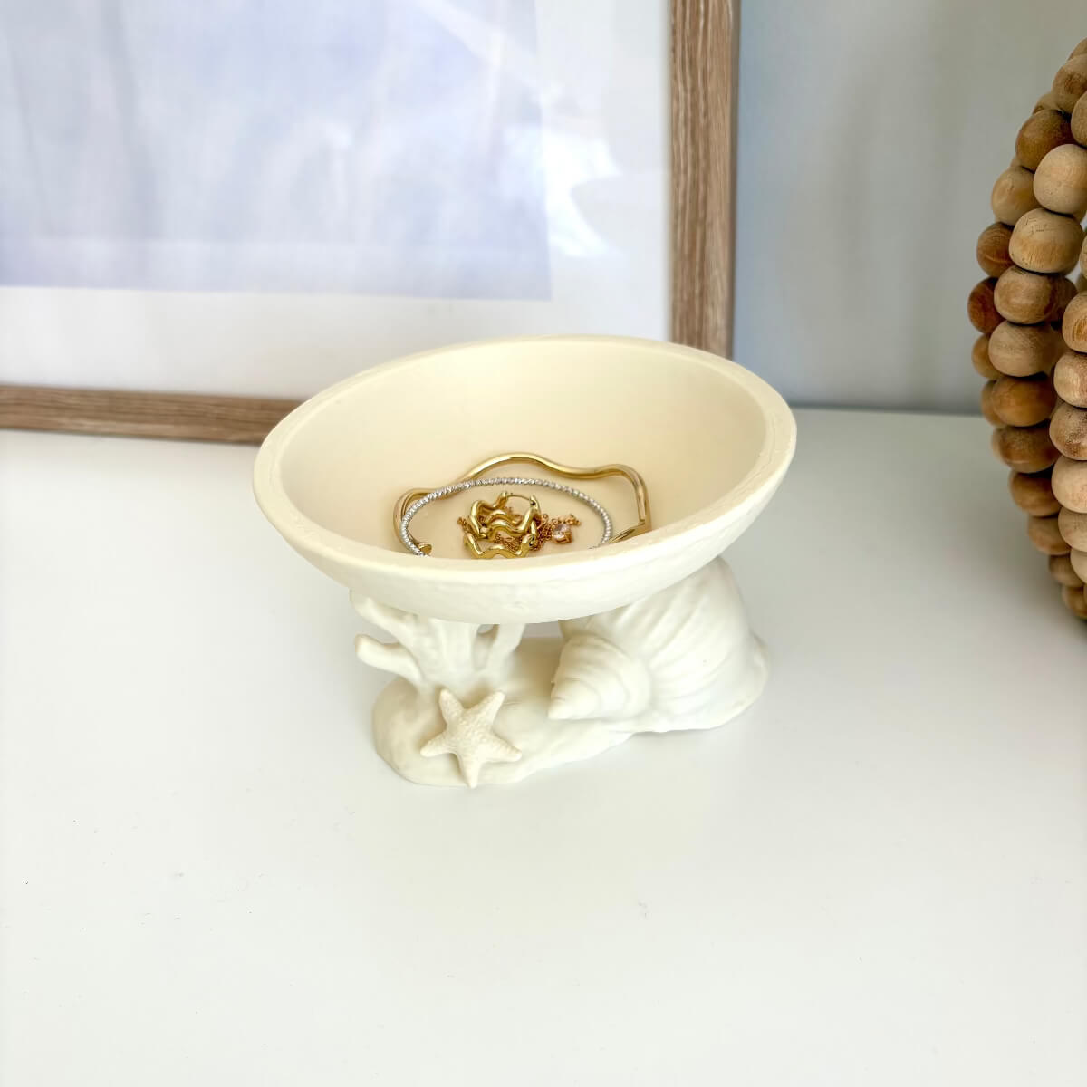 Seashell bowl 3D printed styled with gold and silver jewellery
