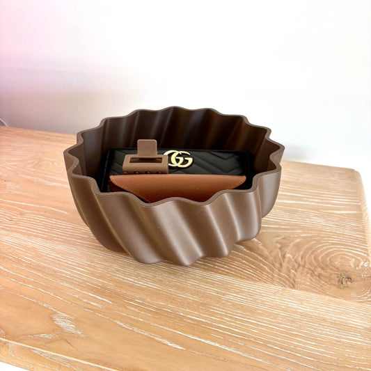 Wave Bowl 3D printed styled with wallet, glasses, keys, on a timber bench