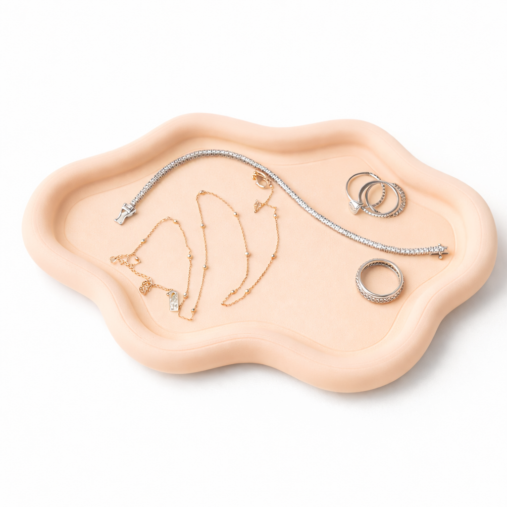 Cloud tray styled on vanity holding rings and earrings — modern Australian decor