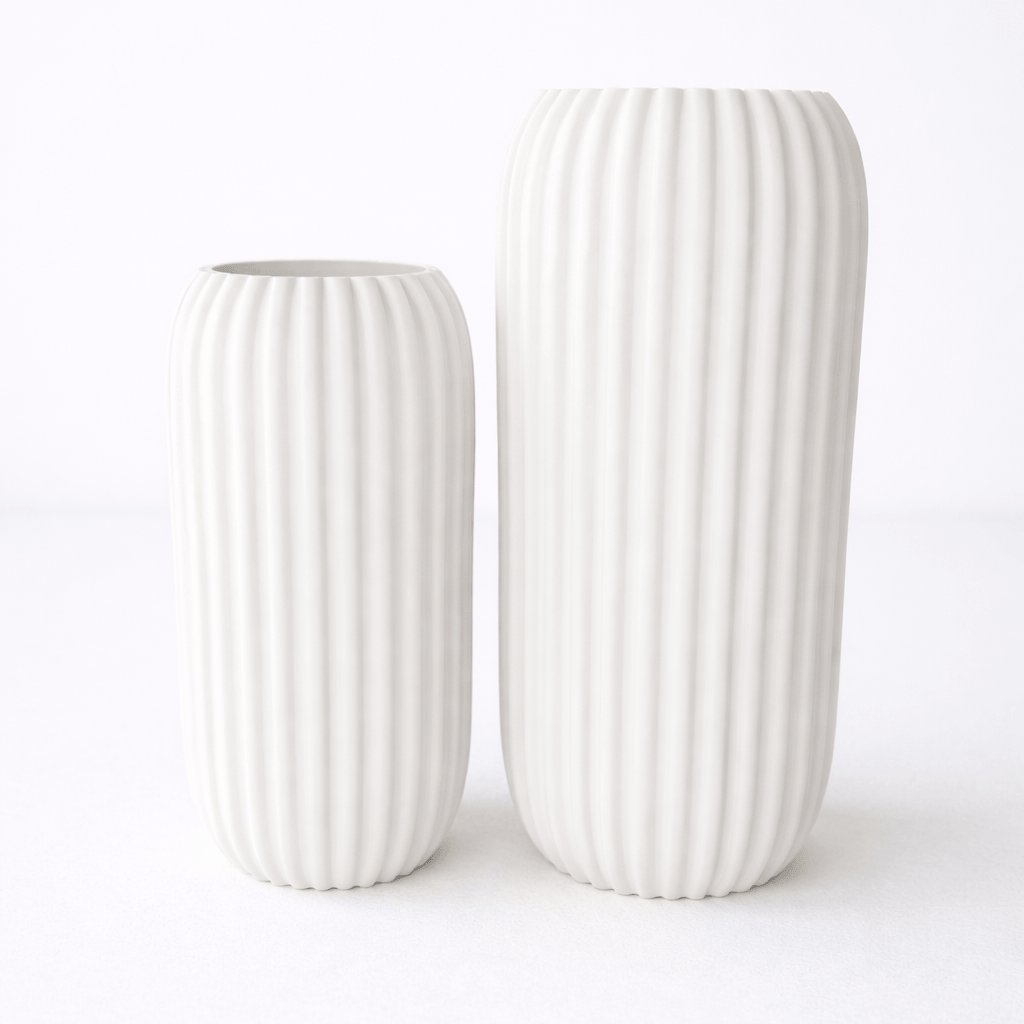 Curved ribbed vase 3D printed in Australia — modern textured home decor