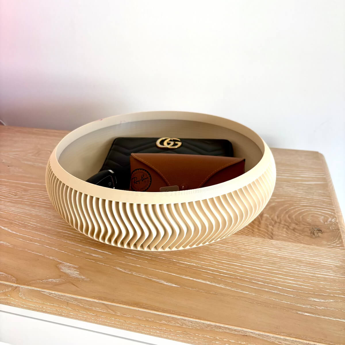 Ripple Bowl 3D printed styled with wallet, keys and glasses